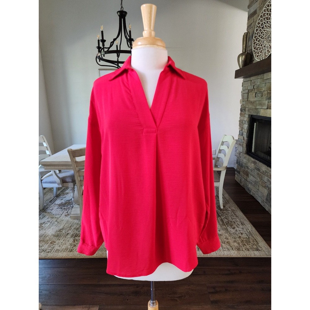 Rafaella Womens Red V-Neck Collared Oversized Career Pullover Blouse Size Small